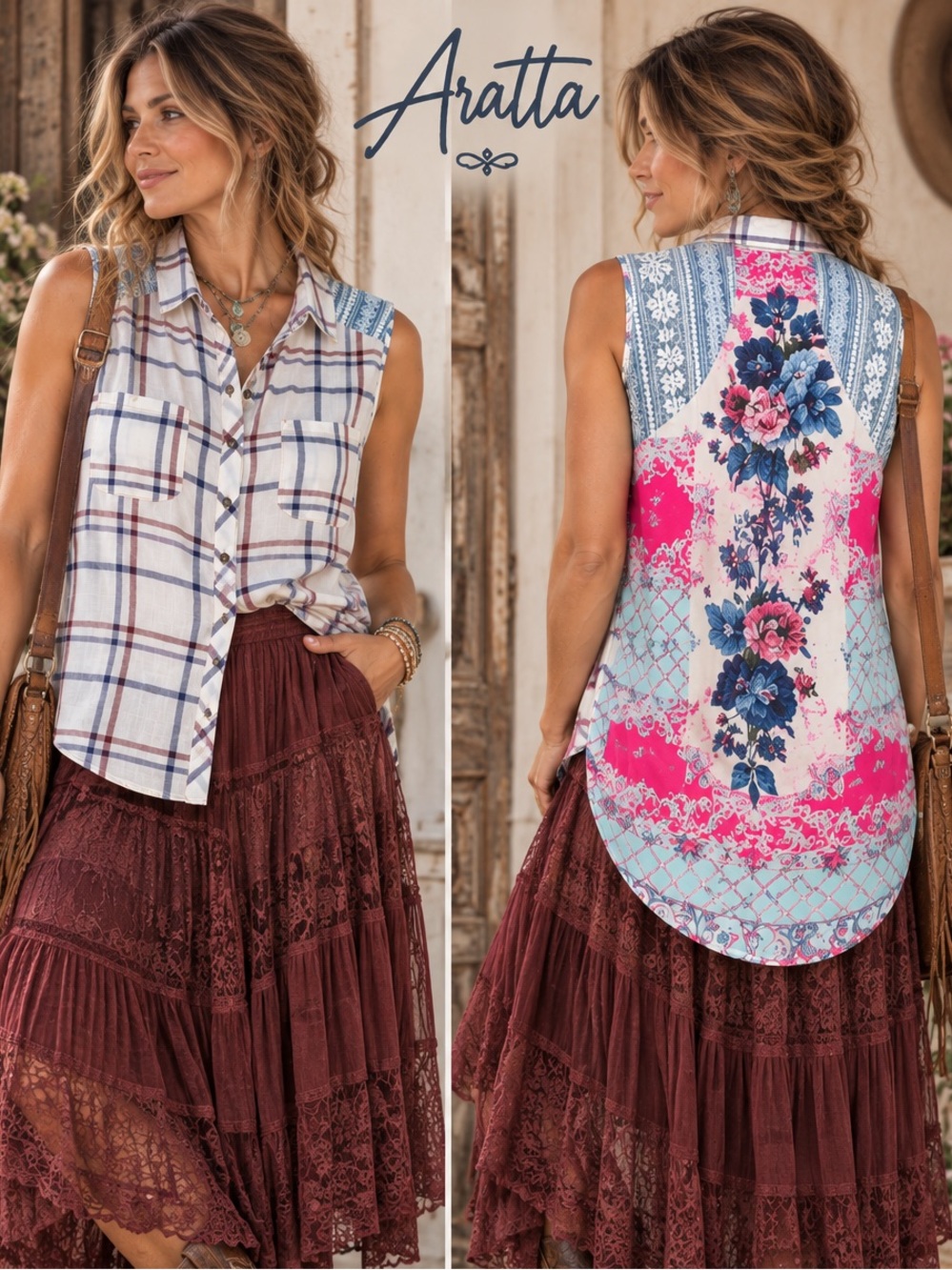 🌸 Aratta Silent Journey Plaid Floral Lace Mixed Media Tunic Top NWT L